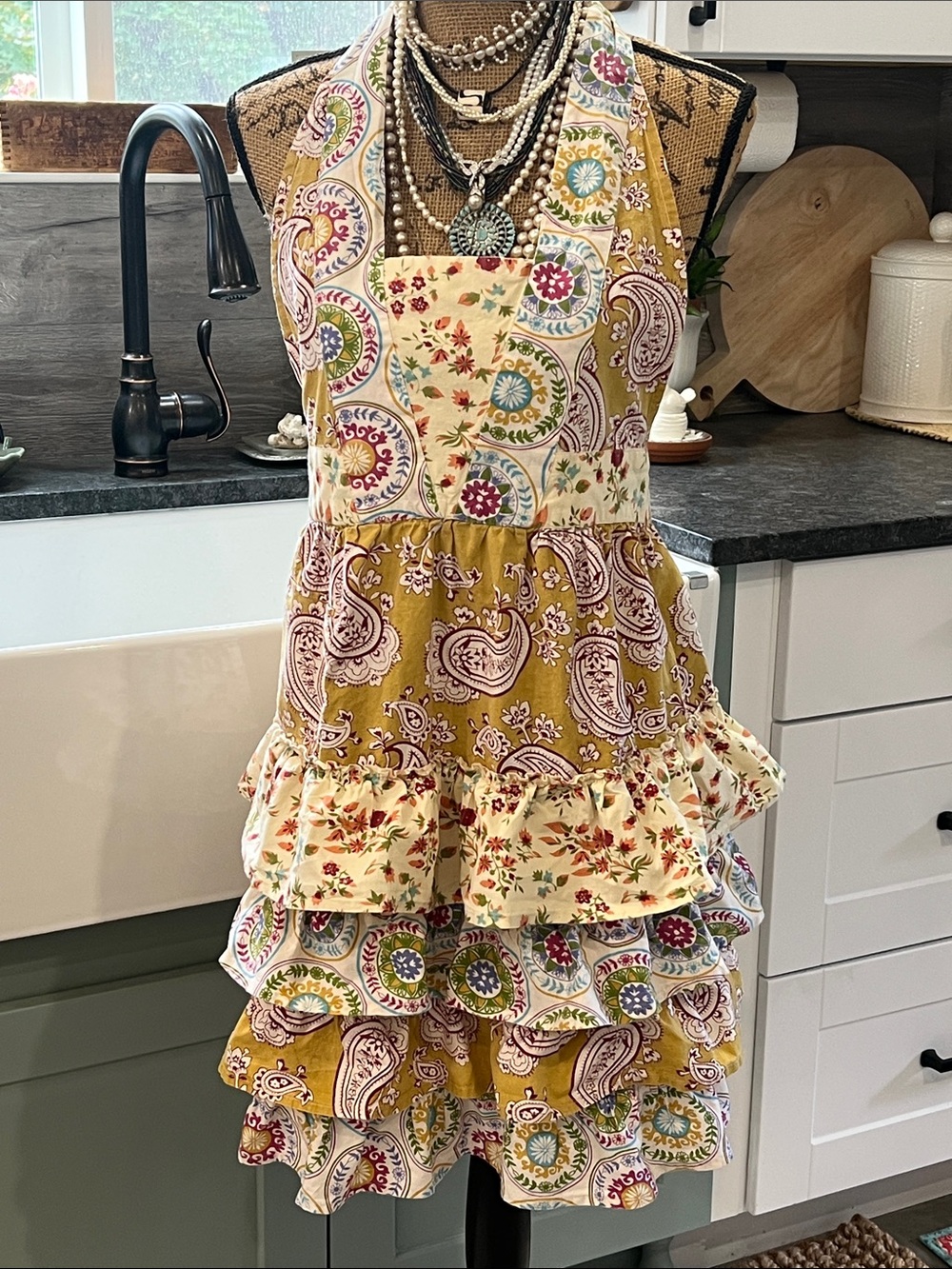 Women’s Ruffled up Paisley Halter Apron - Mustard Floral